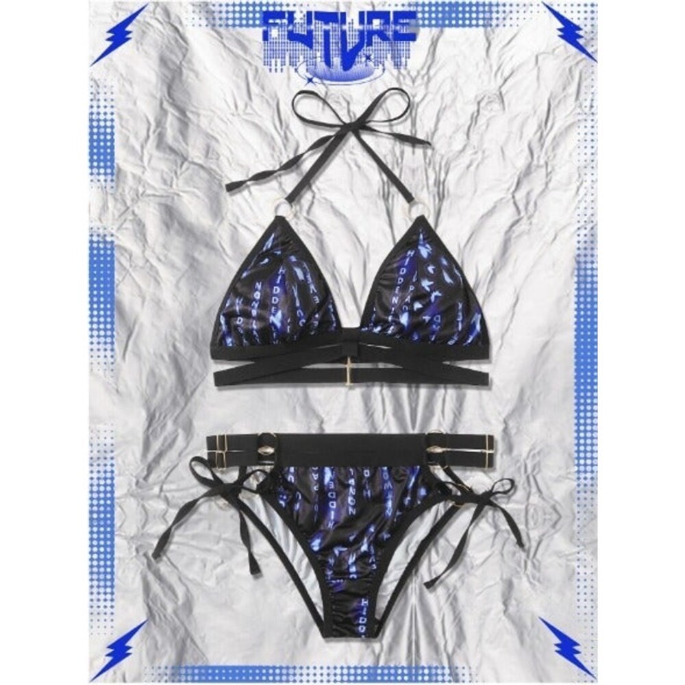 Size 10 (Large) Black & Blue Cyber Luvr Letter Graphic Tie Side Lingerie Set